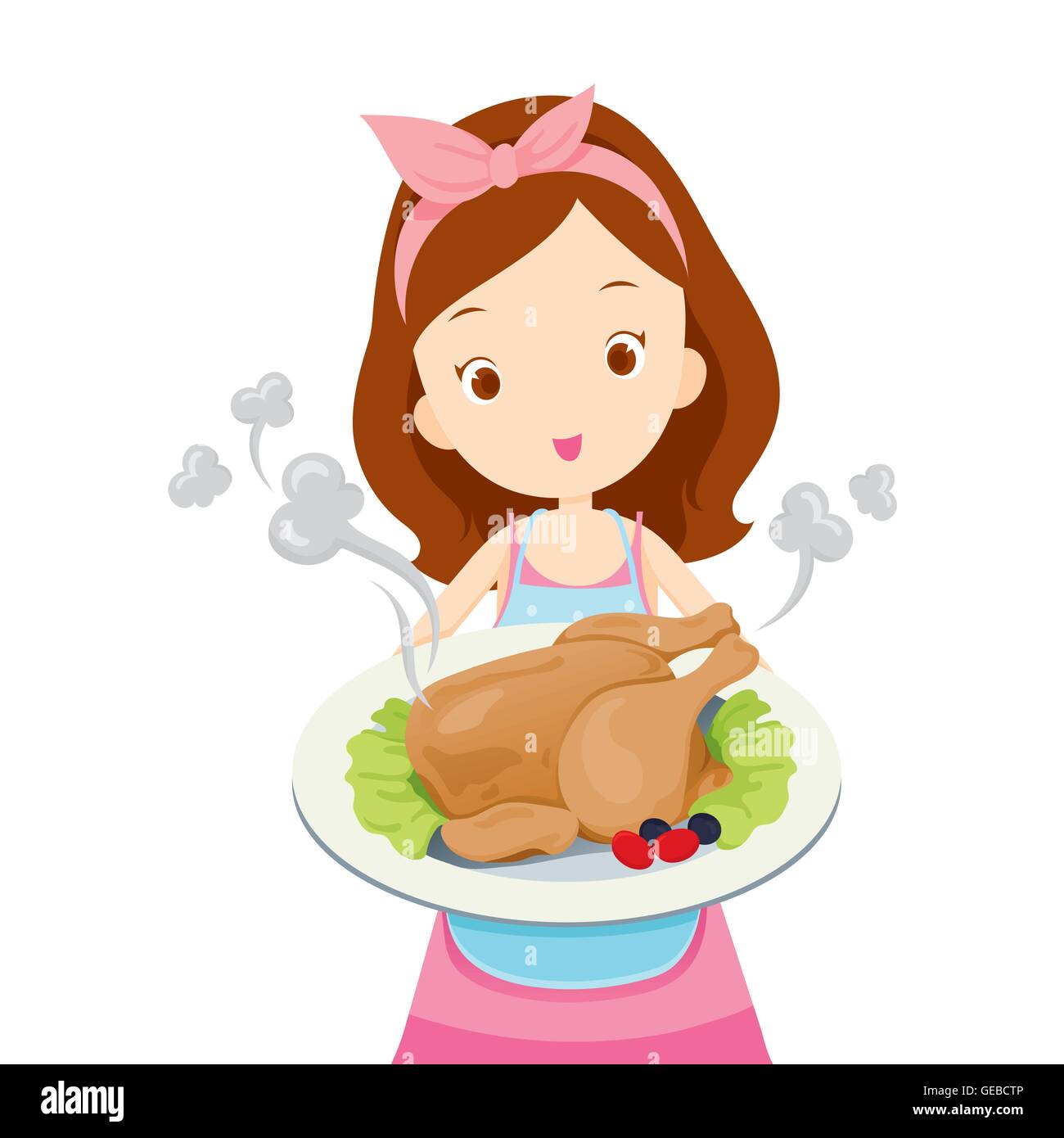 Girl zeigt Brathähnchen auf Küche, Geschirr, Teller, Geschirr, Kochen, Lebensmittel, Bäckerei, Beruf, Lifestyle Stock Vektor