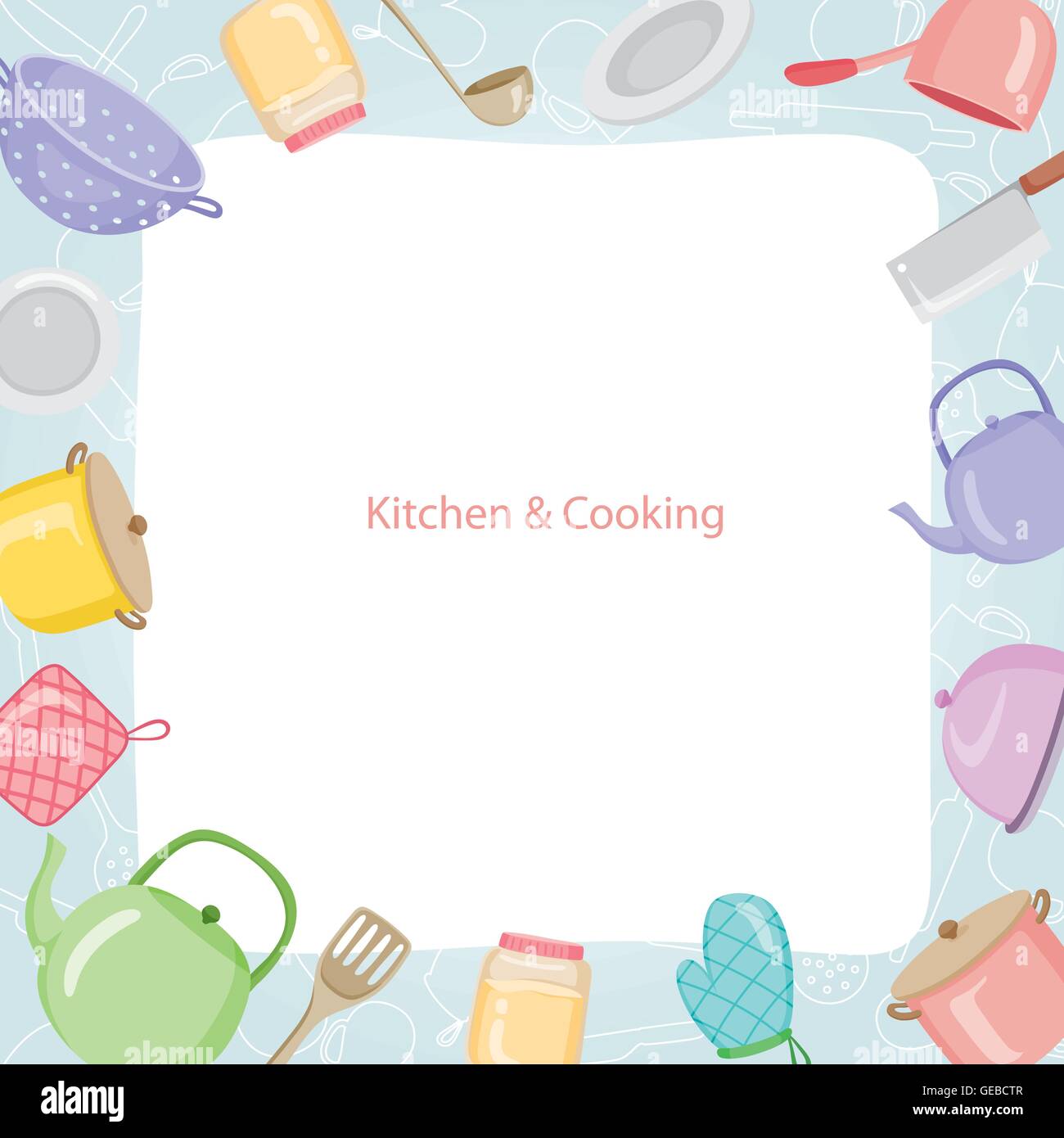 Küche Ausstattung Grenze, Geschirr, Geschirr, Kochen, Lebensmittel, Bäckerei, Lifestyle Stock Vektor