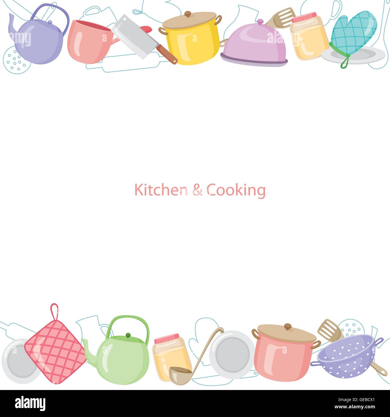 Küche Ausstattung Hintergrund, Geschirr, Geschirr, Kochen, Lebensmittel, Bäckerei, Lifestyle Stock Vektor