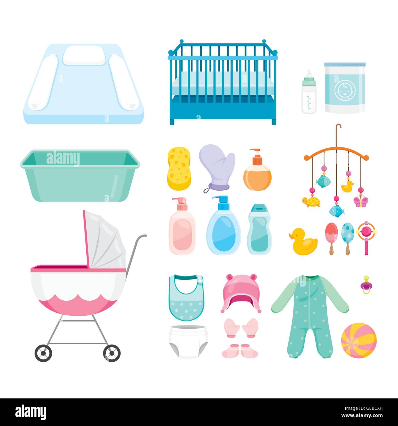 Baby-Icons Set, Zubehör, Objekte, Symbole, Kleinkind Stock Vektor