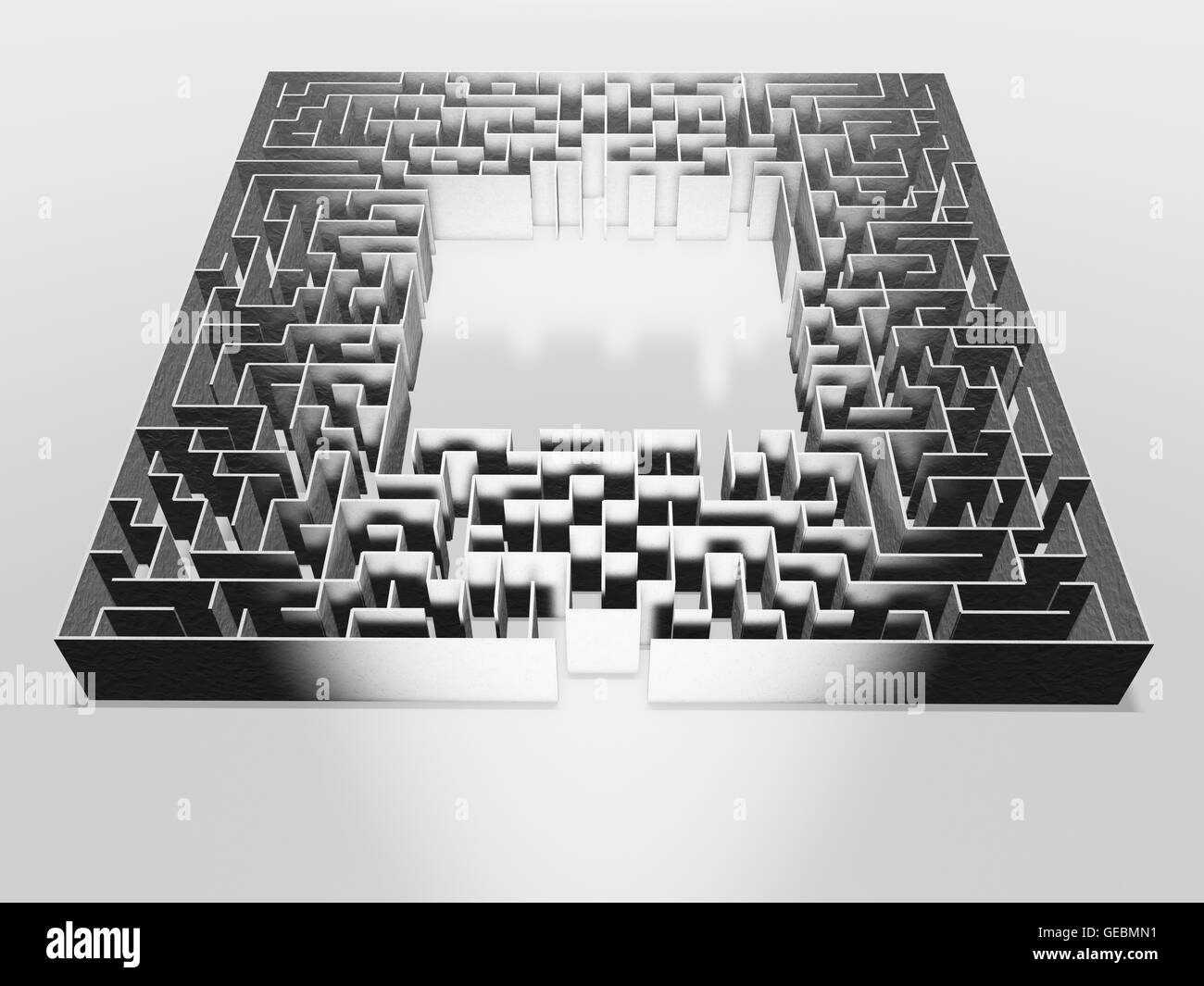 Labyrinth auf grauem Hintergrund. Konzept für die Entscheidungsfindung. 3D Illustration. Stockfoto