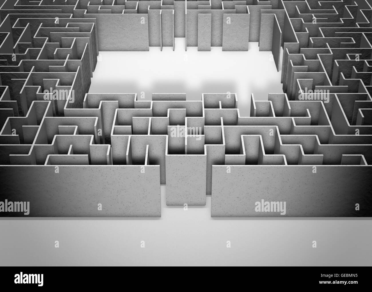 Labyrinth auf grauem Hintergrund. Konzept für die Entscheidungsfindung. 3D Illustration. Stockfoto