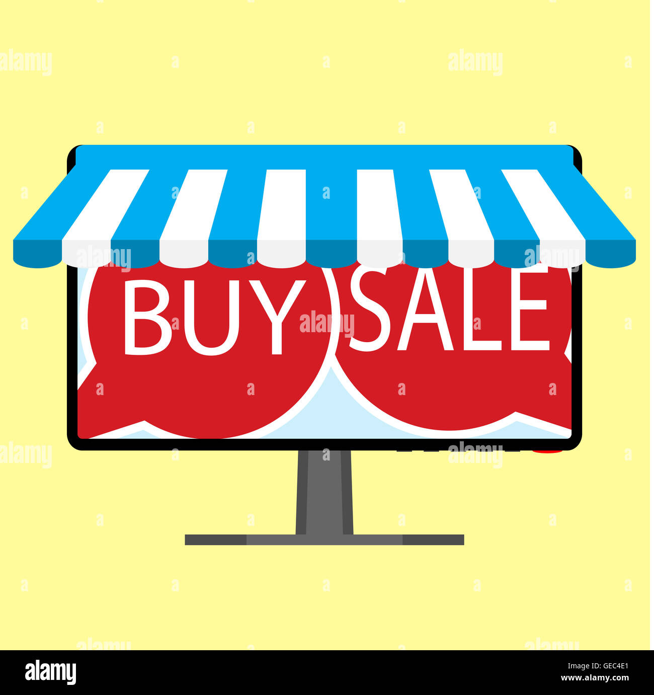 Verkauf und online kaufen. Einkauf und Marketing, Shop und Promotion mit Markise, Vektor-illustration Stockfoto