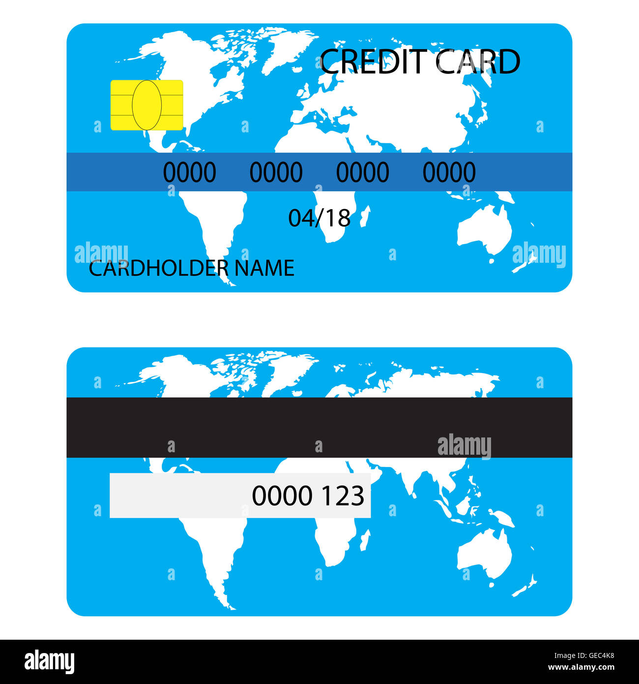 Kreditkarte mit Weltkarte. Kredit Karte isoliert, Geld für shopping, Vektor-Illustration Stockfoto
