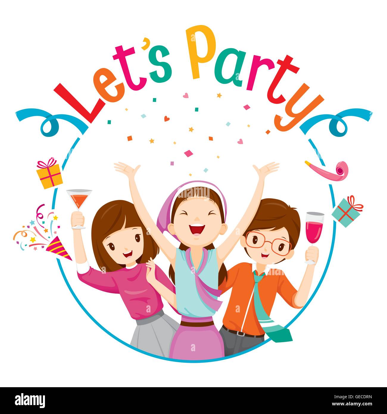 Mann und Frau Spaß In Party mit Kreis Rahmen, Corporate, Bankett, fest, Gesellschaft, Feier Stock Vektor