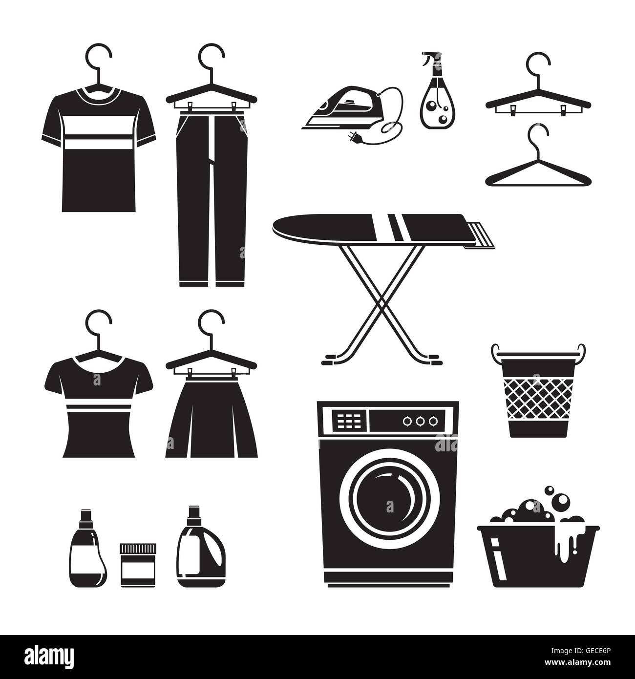 Reinigung, Wäsche Icons Set, Frühling Monochrom, Hausarbeit, Gerät, inländische Tools Computersymbol, Reinigung, Saison Stock Vektor