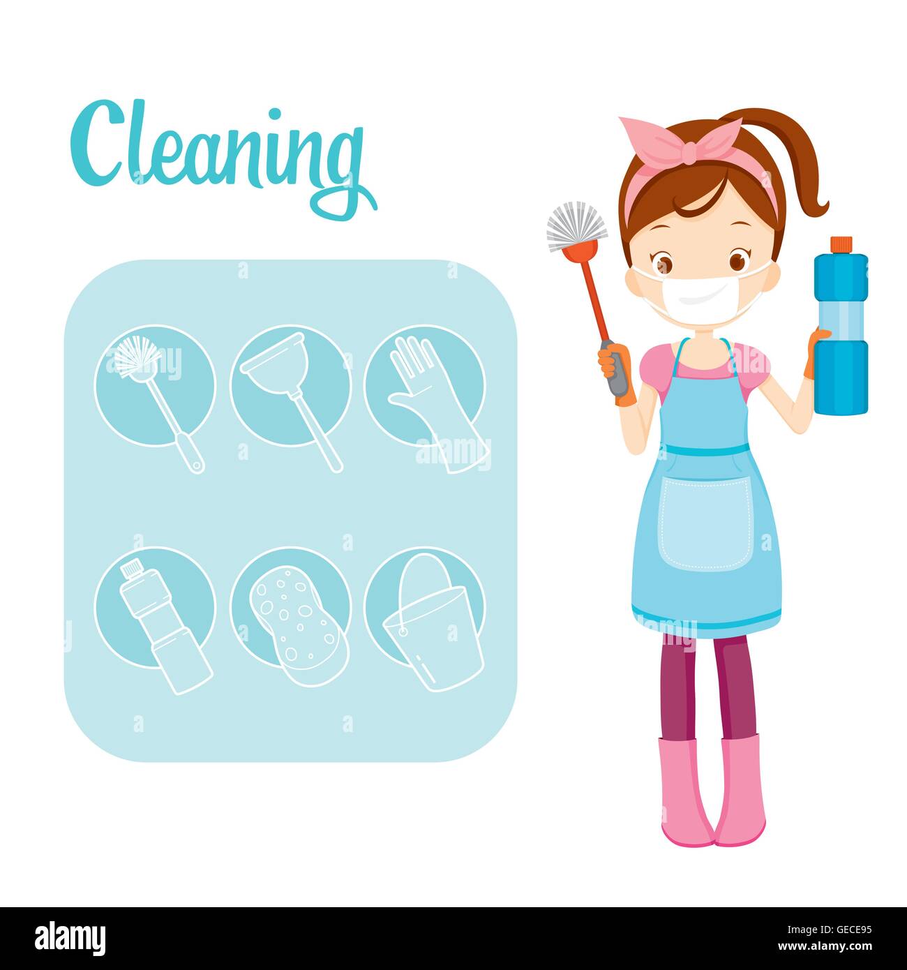 Mädchen mit Toilette Reinigungsgeräte und Gliederung Symbole festgelegt, Hausarbeit, Gerät, inländische Werkzeuge, Computer-Symbol, Symbol, Icon-Set Stock Vektor