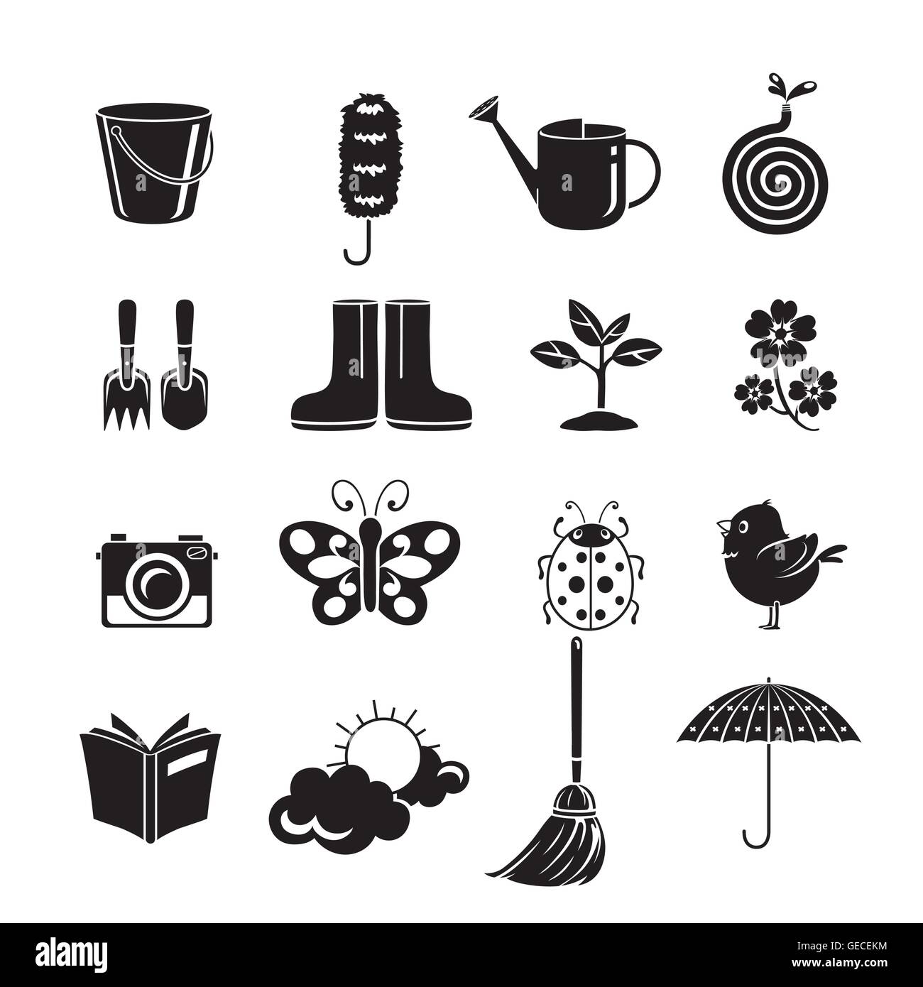 Feder-Icons Set, Monochrom, Gartenarbeit, Hausarbeit, Gerät, inländische Tools Computersymbol, Reinigungsset, Symbol, Symbol Stock Vektor