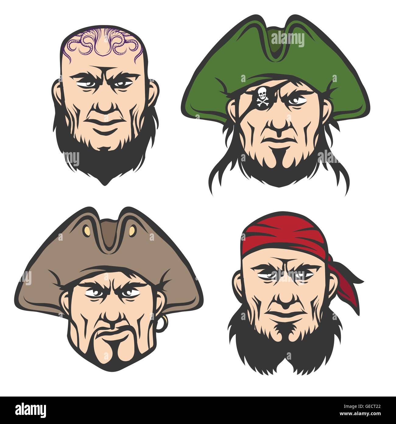 Piraten-Maskottchen Gesichter Set. Cartoon One eyed Kapitän, Bootsmann, Kanone Mann und Schiff Mann im Cartoon-Stil. Isoliert auf weiss. Stock Vektor