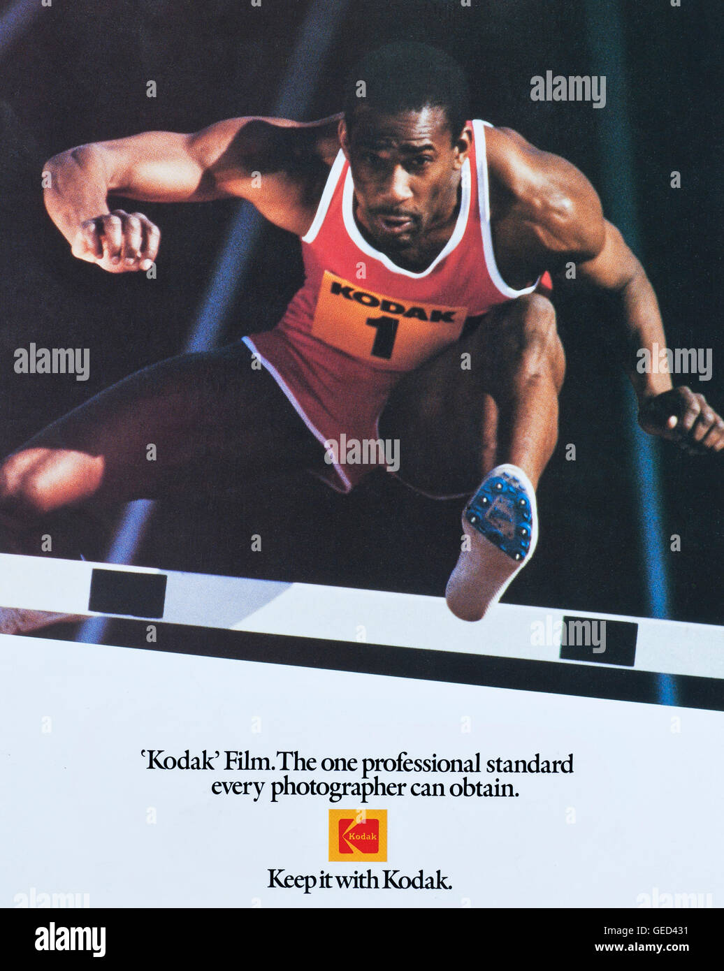 Kodak Sport poster Bild 1986 Commonwealth Games und britischen Leichtathletik Sponsoring durch Kodak Ltd von Ian Shaw Kodak Fotograf fördern Stockfoto