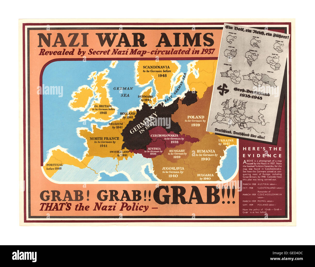 1939 WW2 UK Propaganda Poster' nationalsozialistischen Kriegsziele', vorgeschlagene Politik der Nsdap Land' Grab grab Grab'Plan von Land zu Land während ihres militärischen Aggression während des Zweiten Weltkrieges 2. Stockfoto