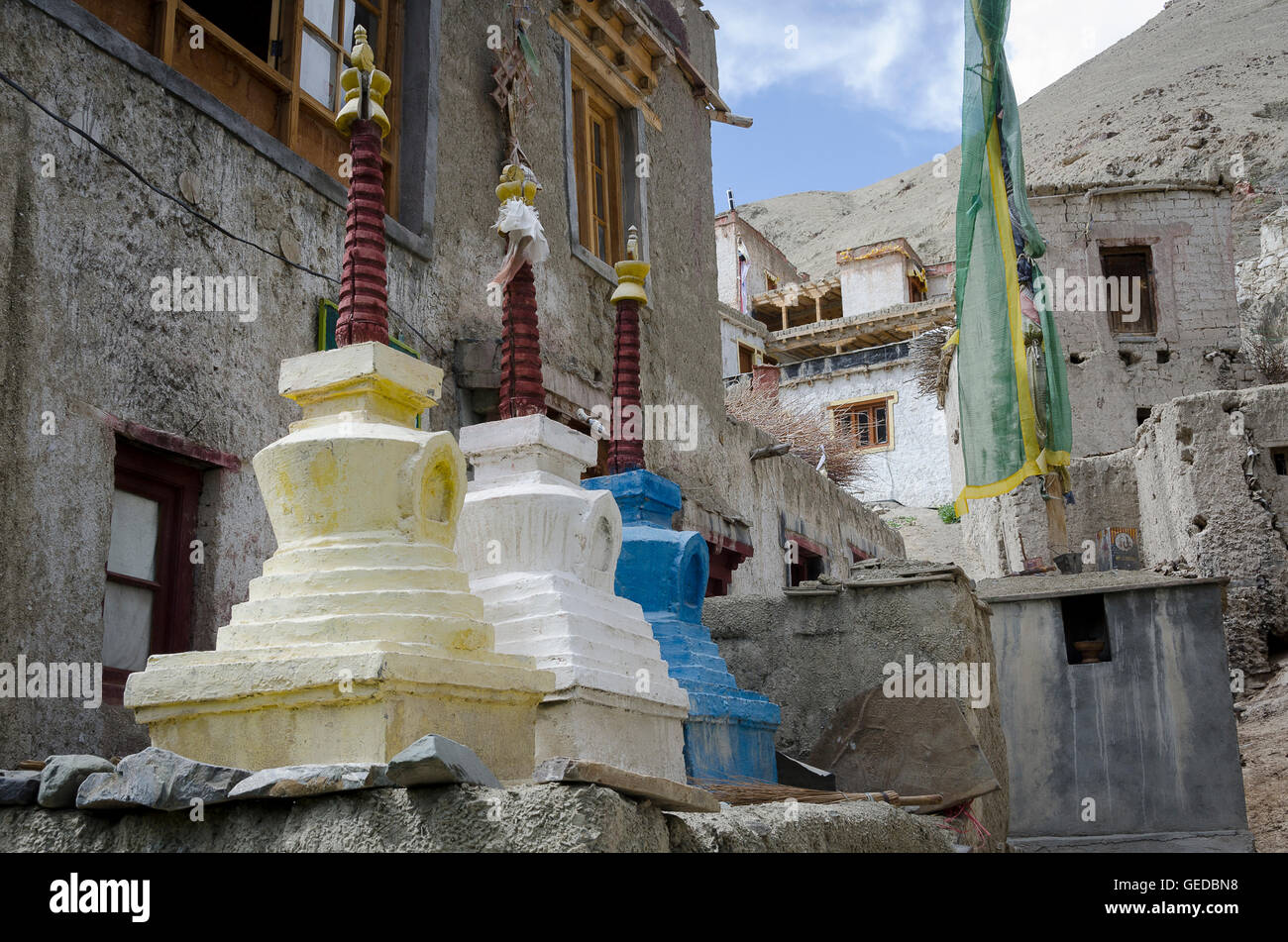 Stupas oder Chörten, im Dorf, Rumback, in der Nähe von Leh, Ladakh, Jammu und Kaschmir, Indien Stockfoto