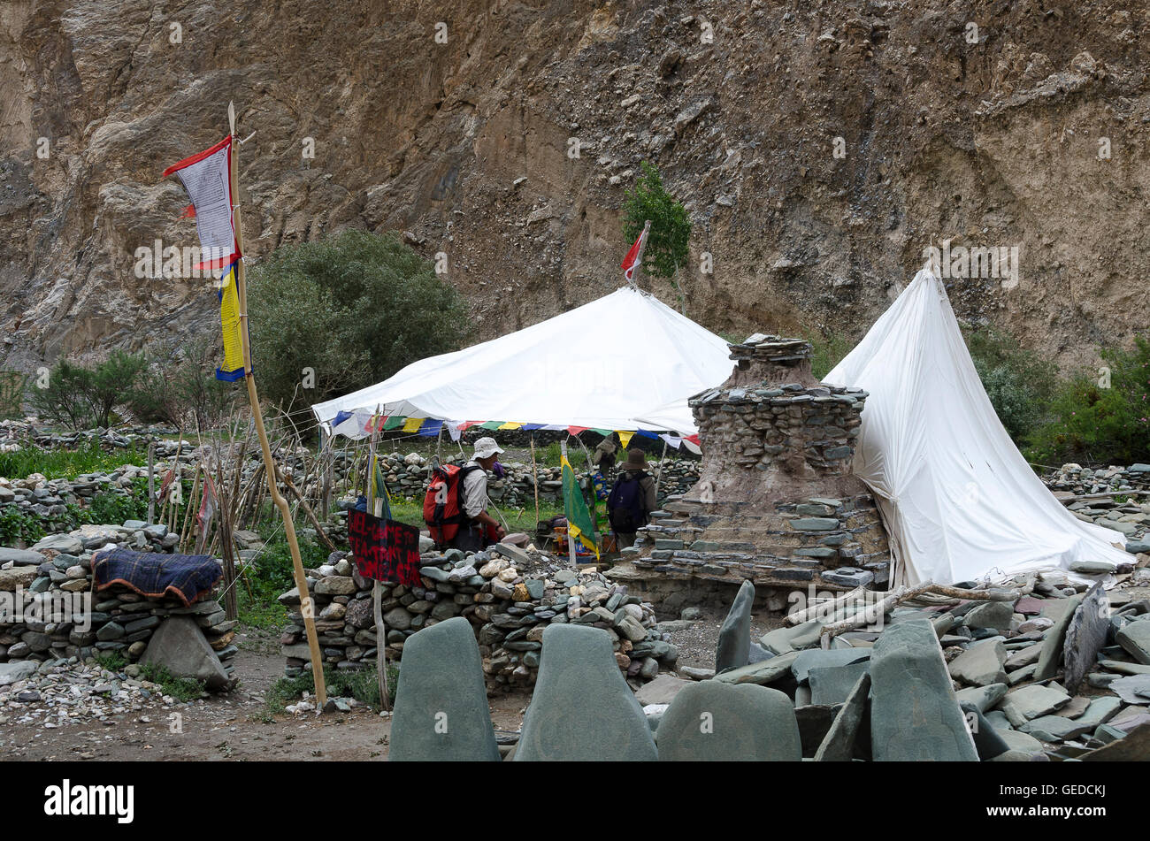 Mit dem Fallschirm Cafe, in der Nähe von Markha, Markha Valley, Ladakh, Jammu und Kaschmir, Indien Stockfoto