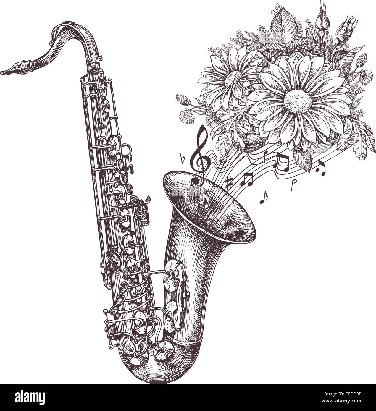 Jazz-Musik. Handgezeichnete Skizze ein Saxophon, Sax und Blumen. Vektor-illustration Stock Vektor