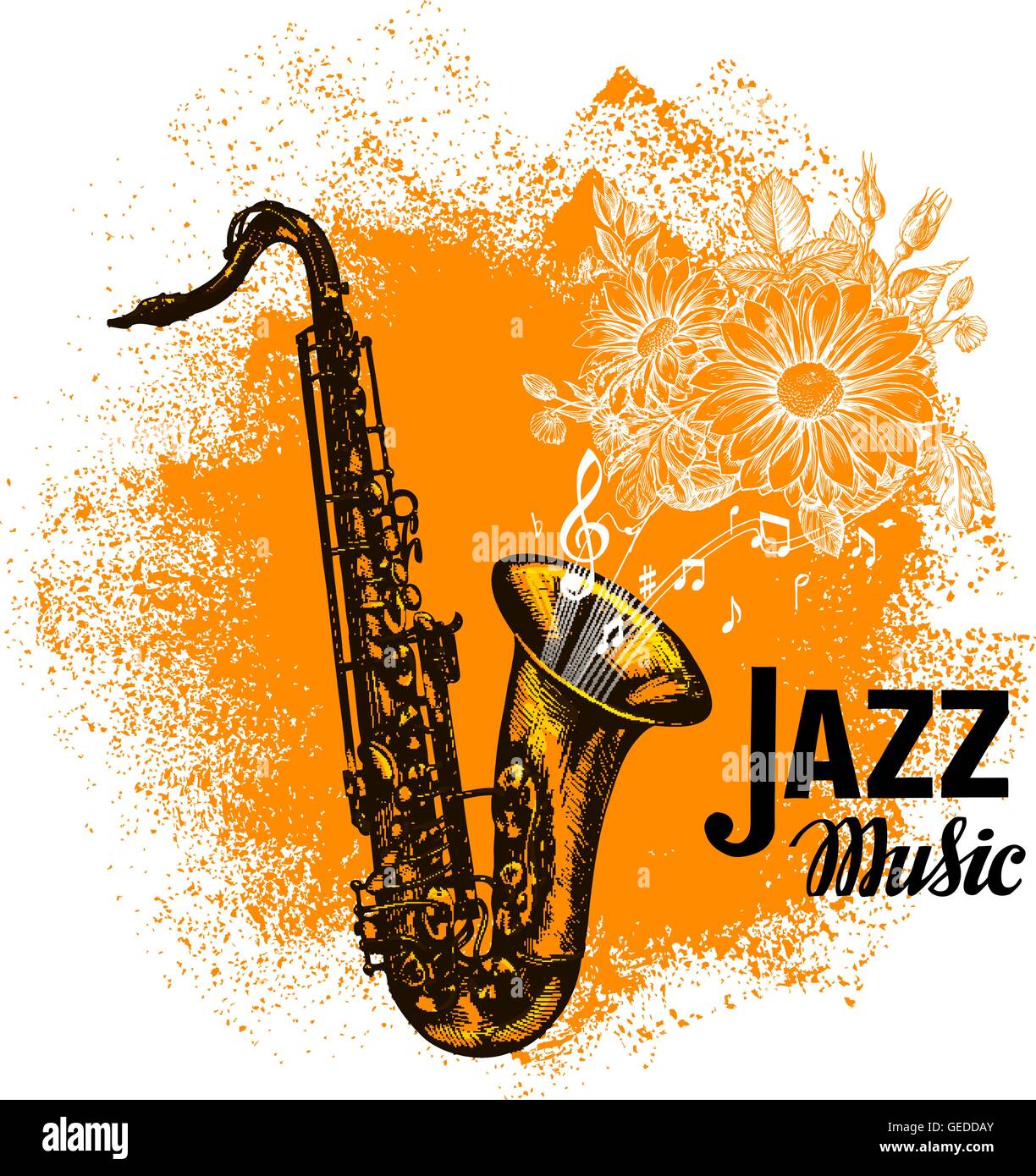 Jazz-Musik. Klassisches Saxophon mit Noten. Vektor-illustration Stock Vektor