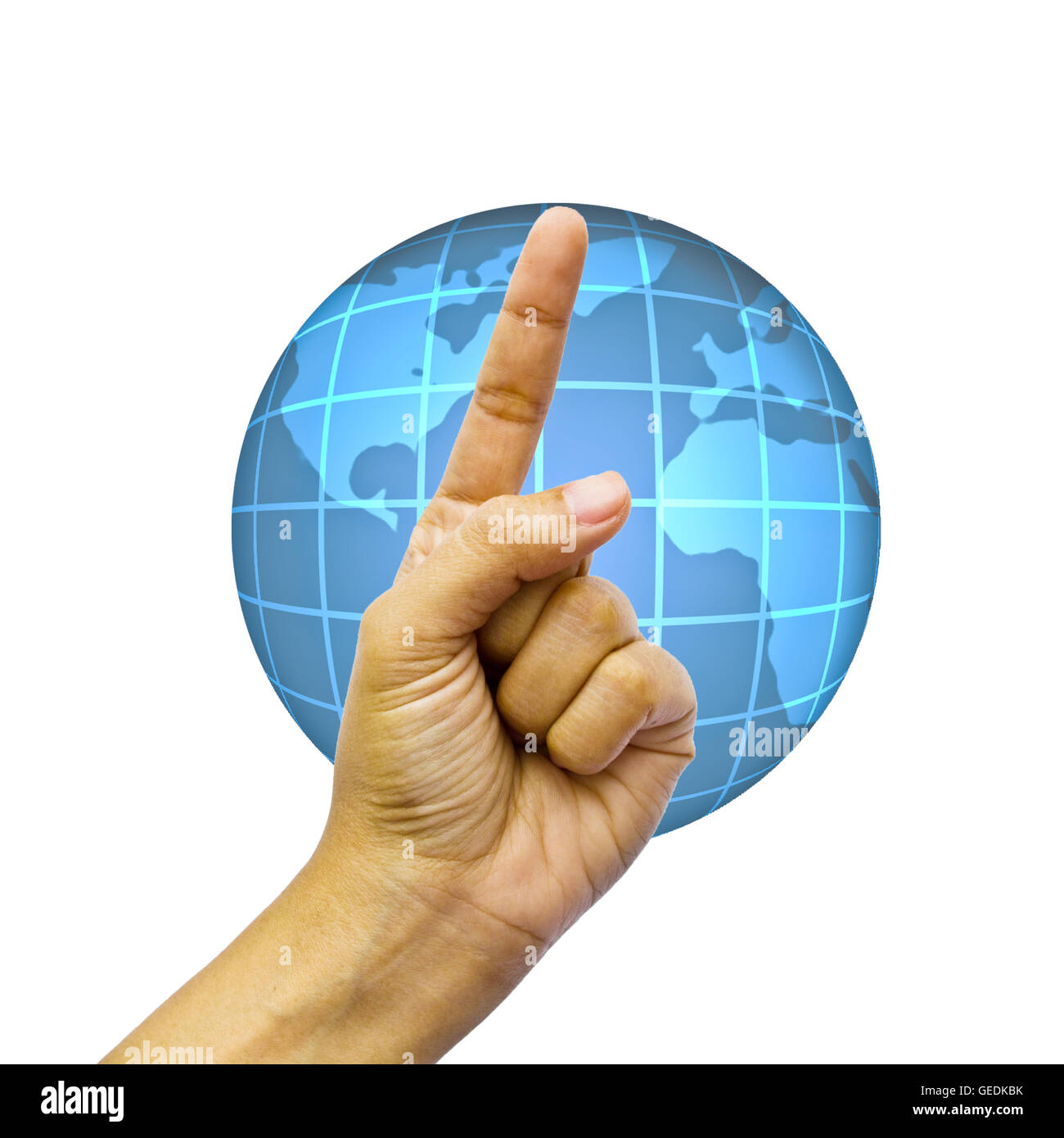 Global Business-Konzept. Mit der Hand über den Globus. Stockfoto