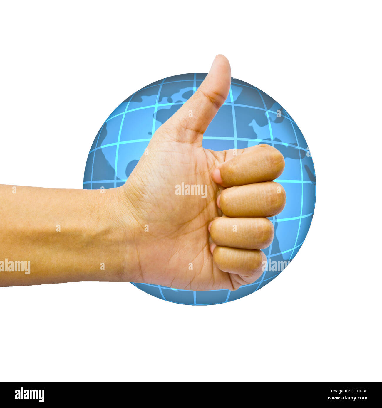 Global Business-Konzept. Mit der Hand über den Globus. Stockfoto