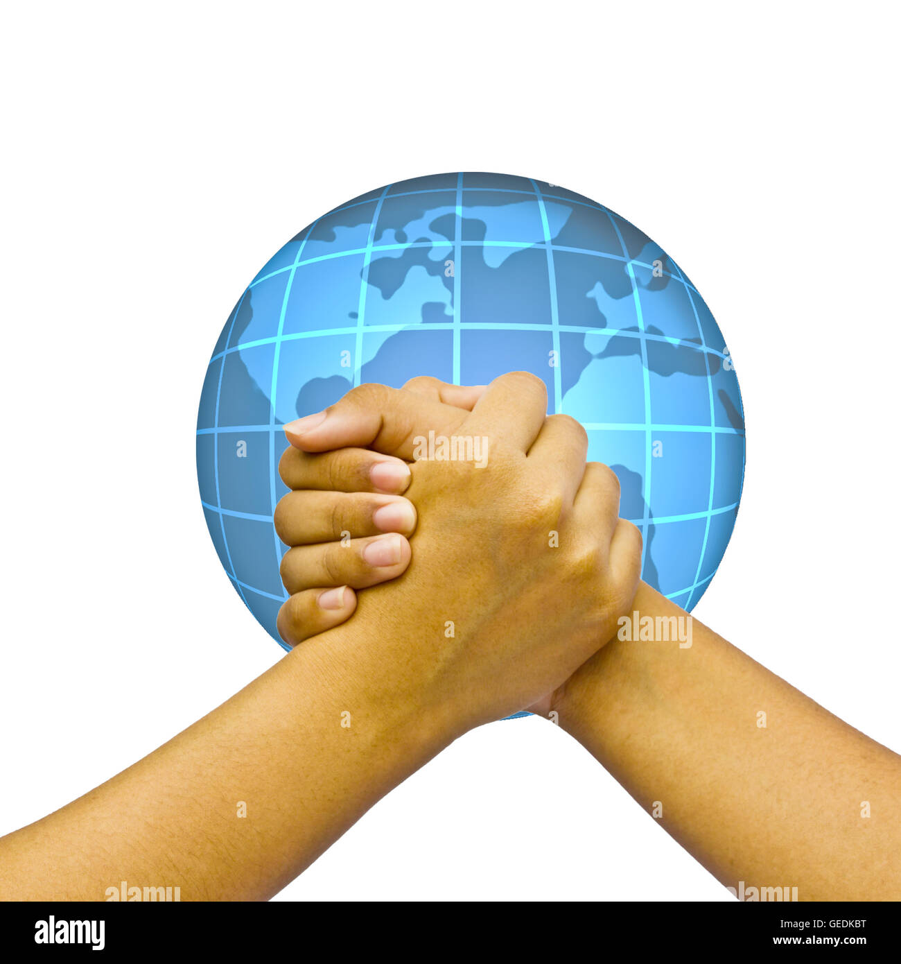 Global Business-Konzept. Mit der Hand über den Globus. Stockfoto