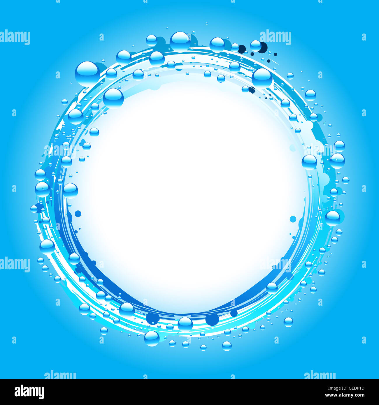 Wasser-Bläschen-Grenze auf blauem Hintergrund mit Platz für die Personalisierung Stockfoto