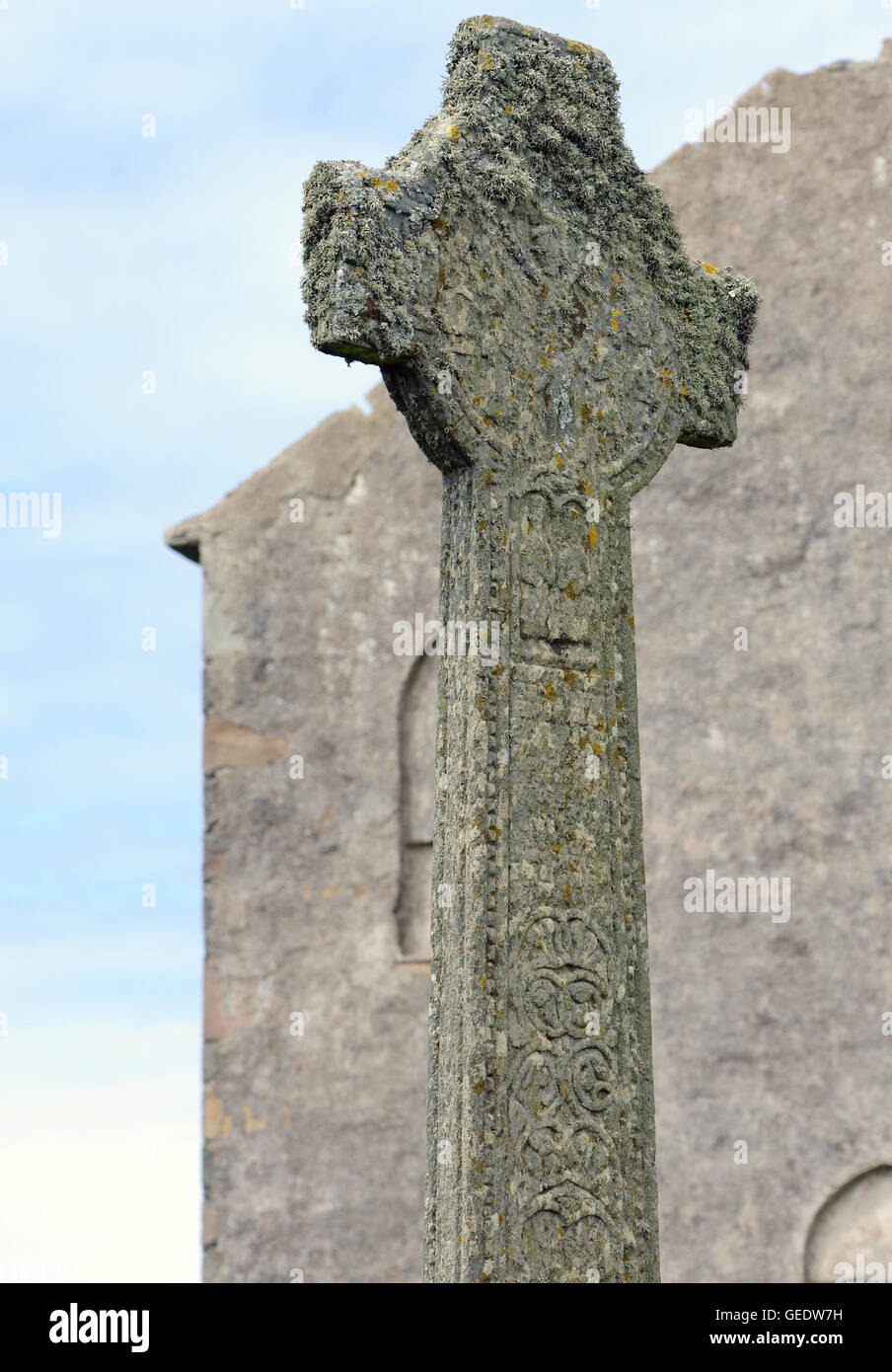 Stein Keltisches Kreuz. Islay, Innere Hebriden, Argyll, Schottland, Großbritannien. Stockfoto