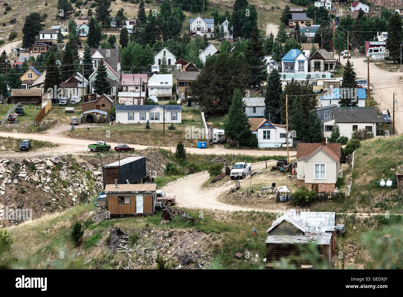 Niedrige Einkommen Gehäuse in der Bergbaustadt Victor, Colorado, USA. Stockfoto