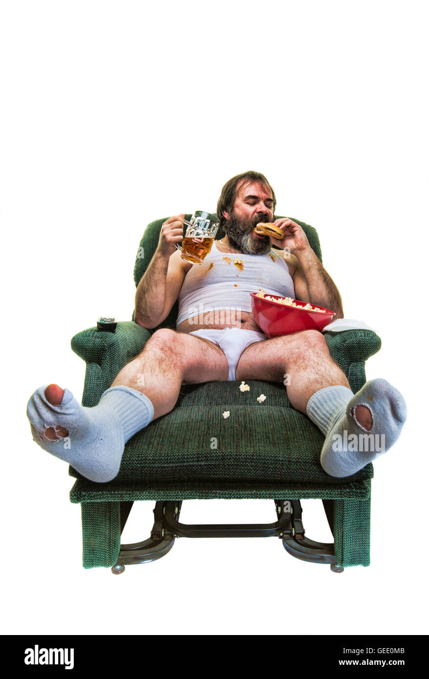 Ungesunde übergewichtiger Mann Essen Junk-Food auf weißem Hintergrund. Stockfoto