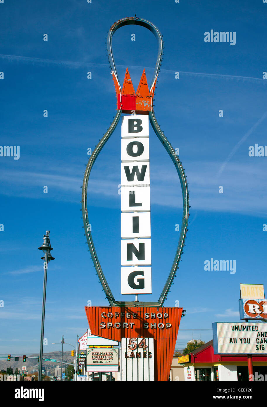 Bowling Pin Schild an einer einer Gasse in Salt Lake City in Utah Stockfoto