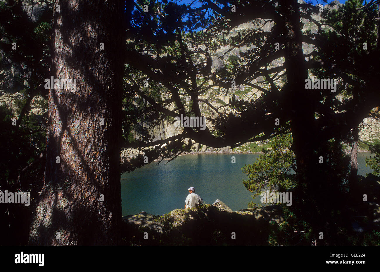 "Estany de Les Obagues de Ratera´ Les Obagues de Ratera See, Aigüestortes i Estany de Sant Maurici National Park, Pyrenäen, Llei Stockfoto