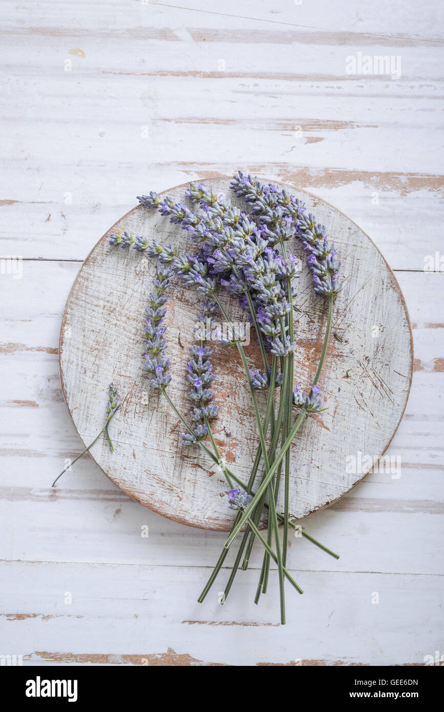 frischem Lavendel auf Holztisch Stockfoto
