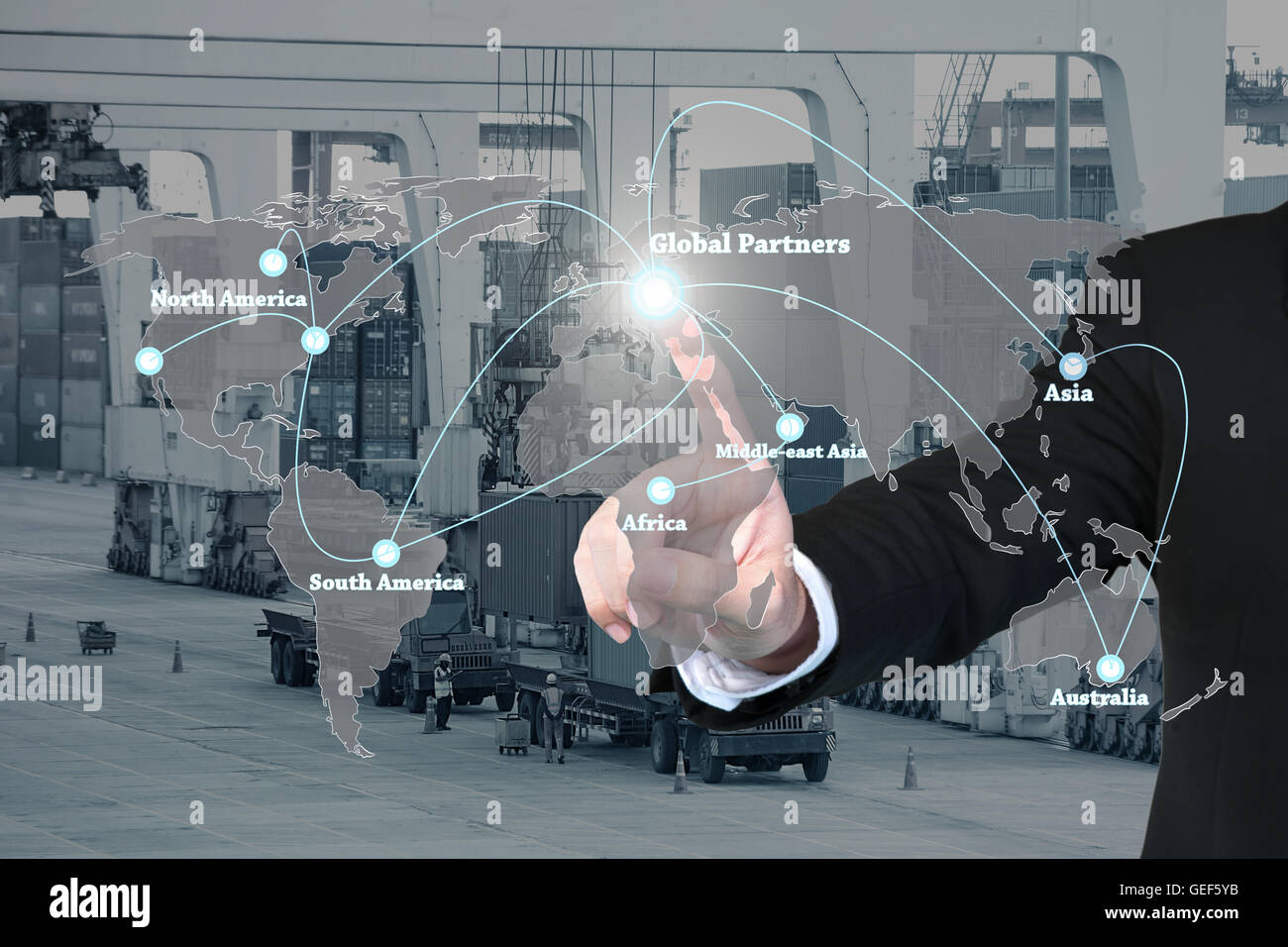 Geschäftsmann, arbeiten mit virtuellen Schnittstelle globaler Partner grafische Verwendung für Logistik, Import, Export-Hintergrund. Globale Partner net Stockfoto