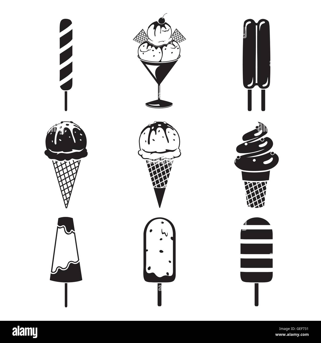 Ice Cream Objekte Icons Set, Monochrom, Sommer, Tiefkühlkost, Essen, Eis Stock Vektor