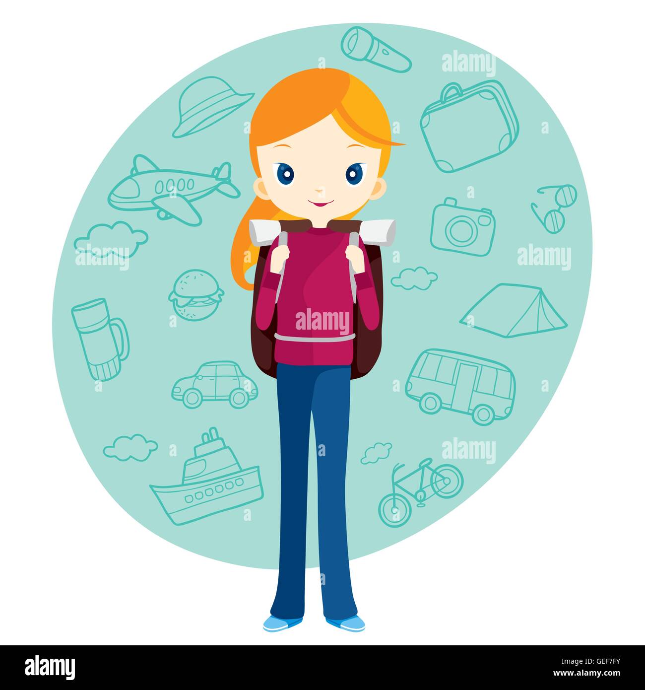 Backpacker-Mädchen und Reisen zu skizzieren, Symbole Hintergrund, Reise Reisen, Abenteuer, Transport Stock Vektor