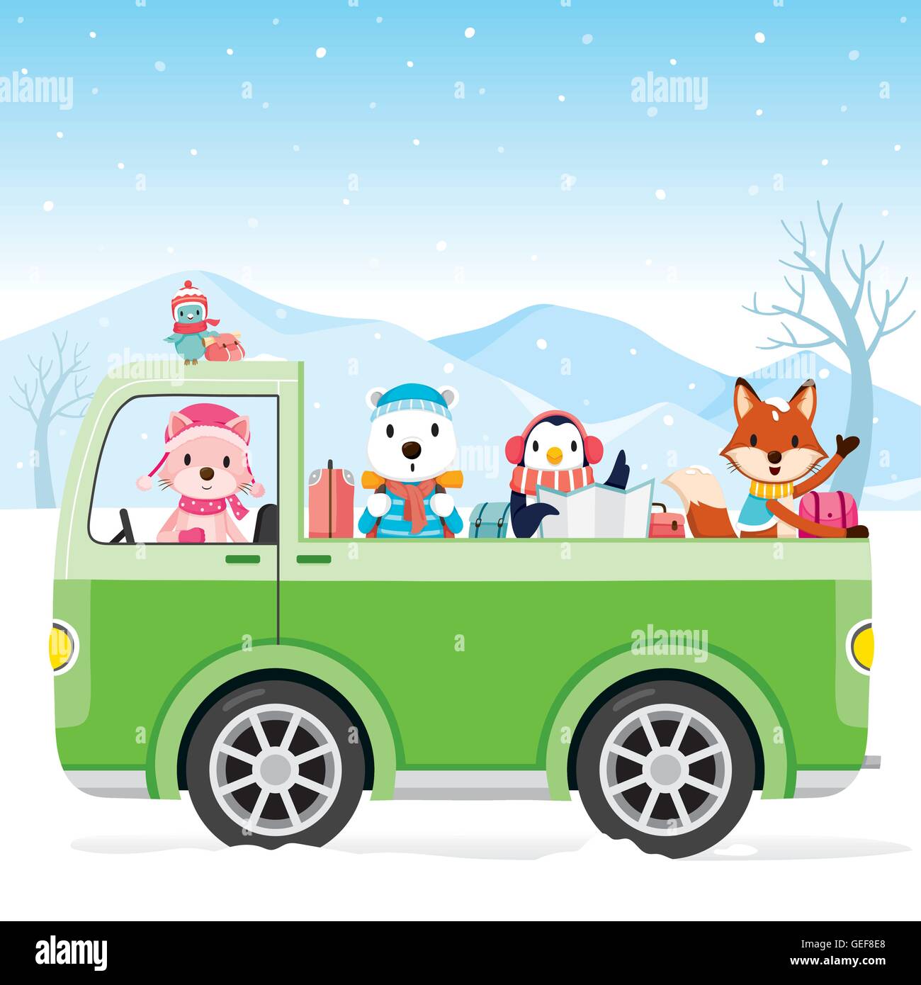 Tier auf Wählen Sie mit dem Auto zu reisen, Aktivität, Winter, Jahreszeit, Urlaub Stock Vektor