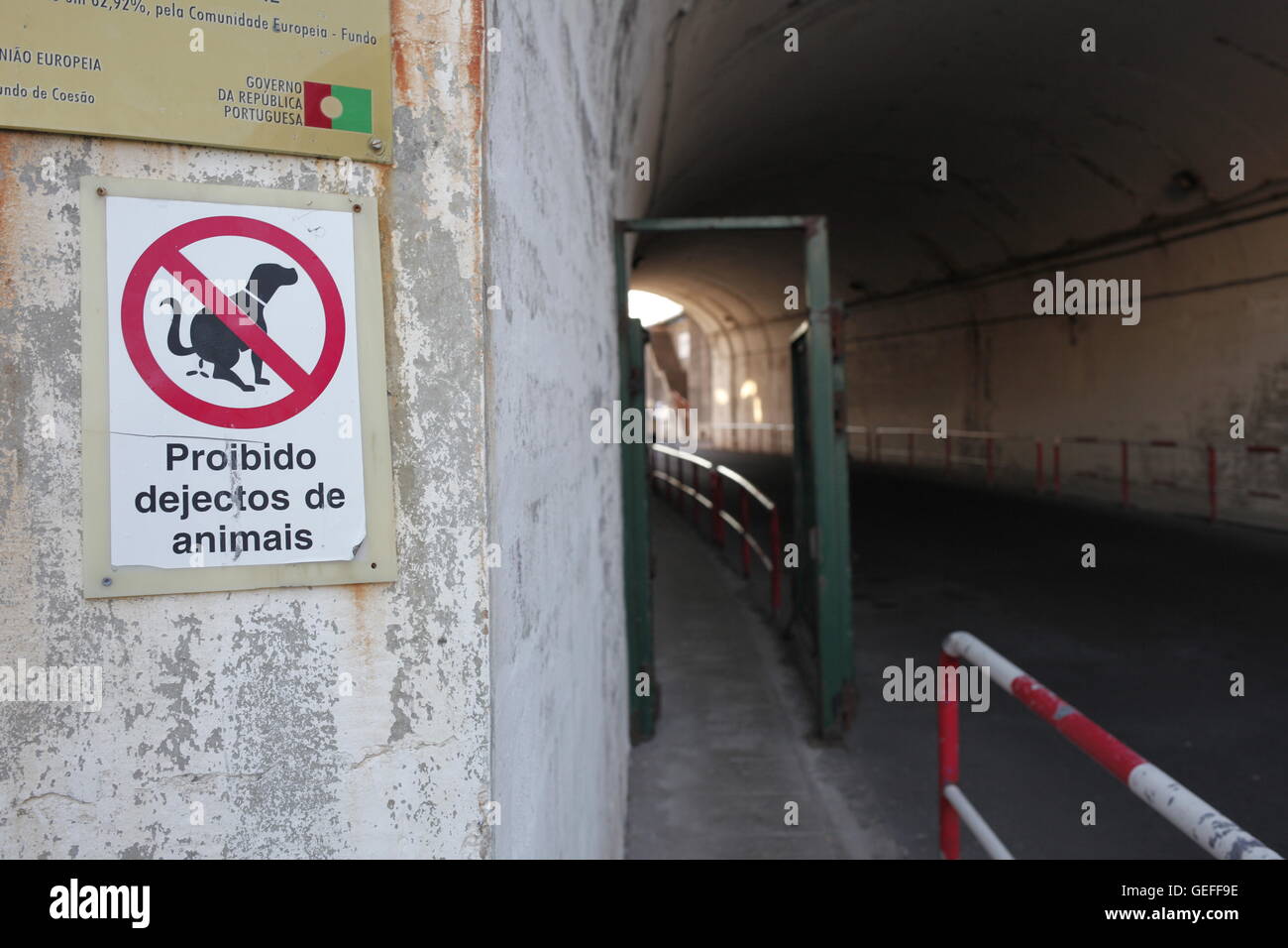 Proibido Dejectos de Animais.  Dog verboten Poo Schild auf Portugiesisch am Eingang zu den Docks in Funchal, Madeira Stockfoto