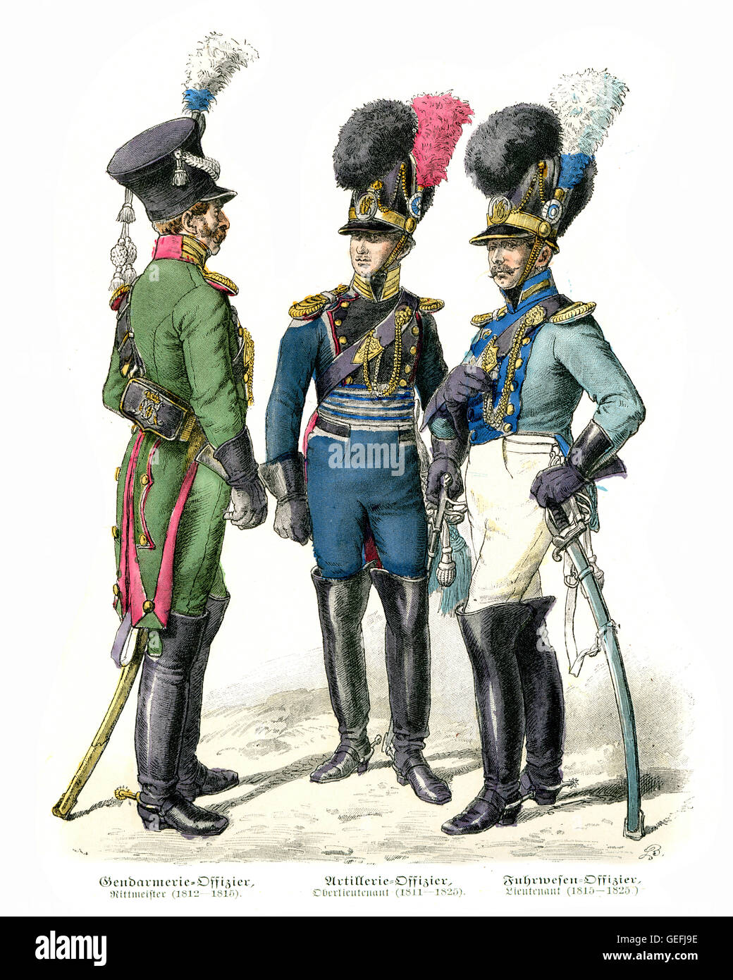 Militärische Uniformen der bayerischen Soldaten Anfang des 19. Jahrhunderts. Gendarmerie-Offizier, Artillerie-Offizier, Stockfoto