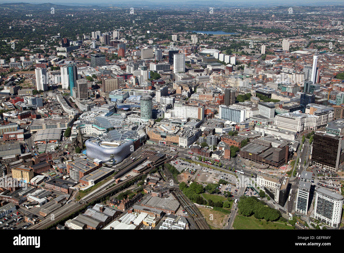 Luftaufnahme des Stadtzentrum von Birmingham & Bullring Shopping Centre, Großbritannien Stockfoto