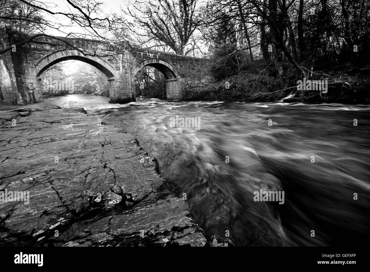 Das Wasser fließt unten ' He Steinbögen des "New Bridge" auf Dartmoor, Devon.  Ein Fischer lehnt sich an den Bogen vom Rand Wassers. Stockfoto