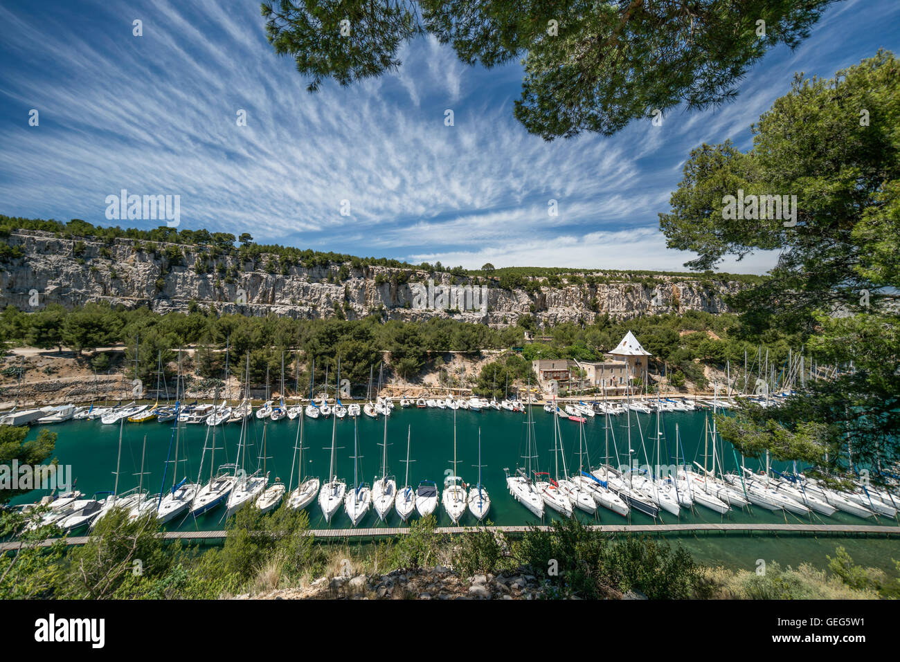 Calanque de Port Miou, Marina, Massif des Calanques, Bouches-du-Rhone, Frankreich Stockfoto
