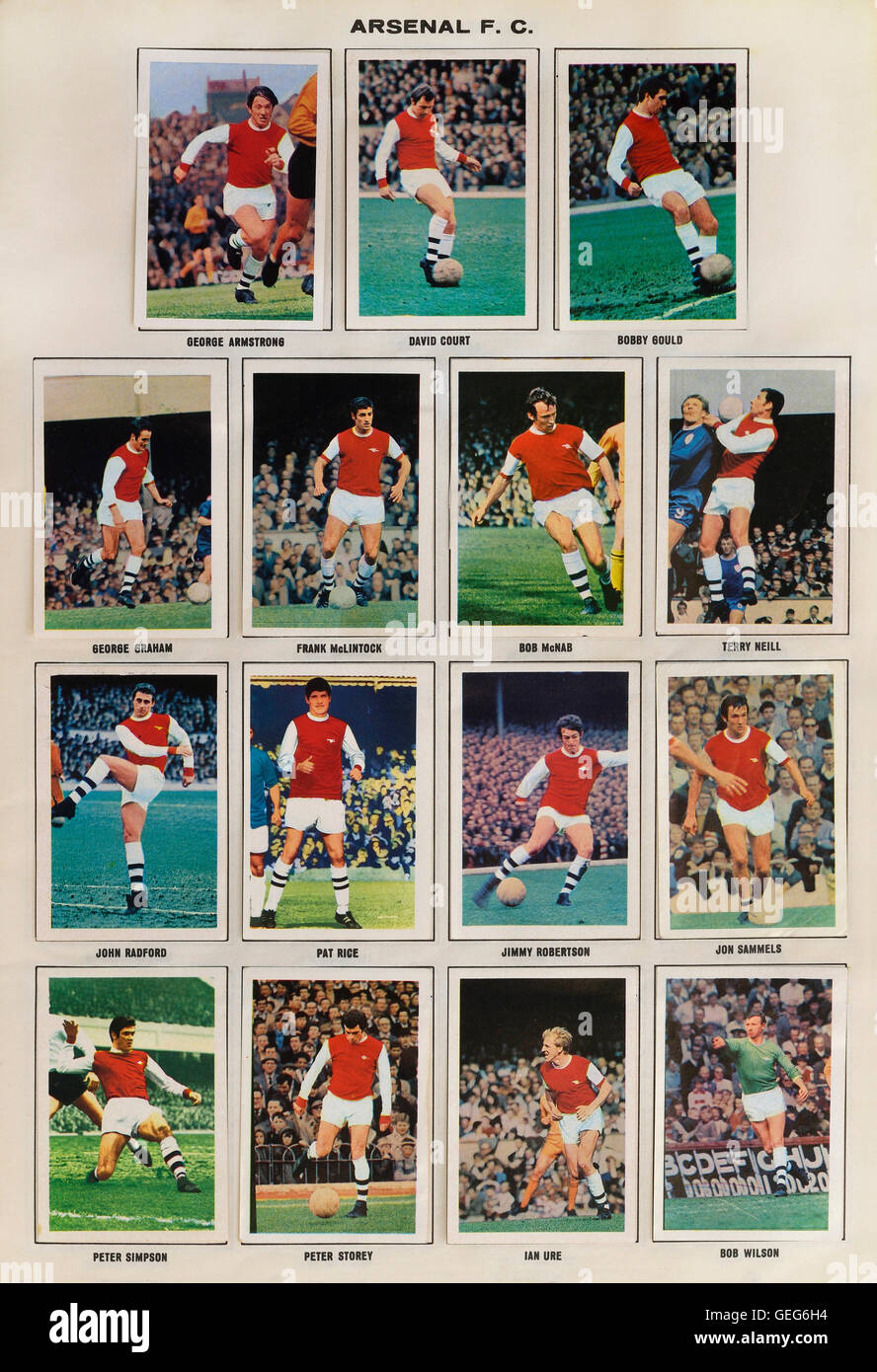 Die wunderbare Welt der Fußball-Stars in Aktion Stempel 1969-1970 Bilderalbum mit Arsenal Kader Stockfoto