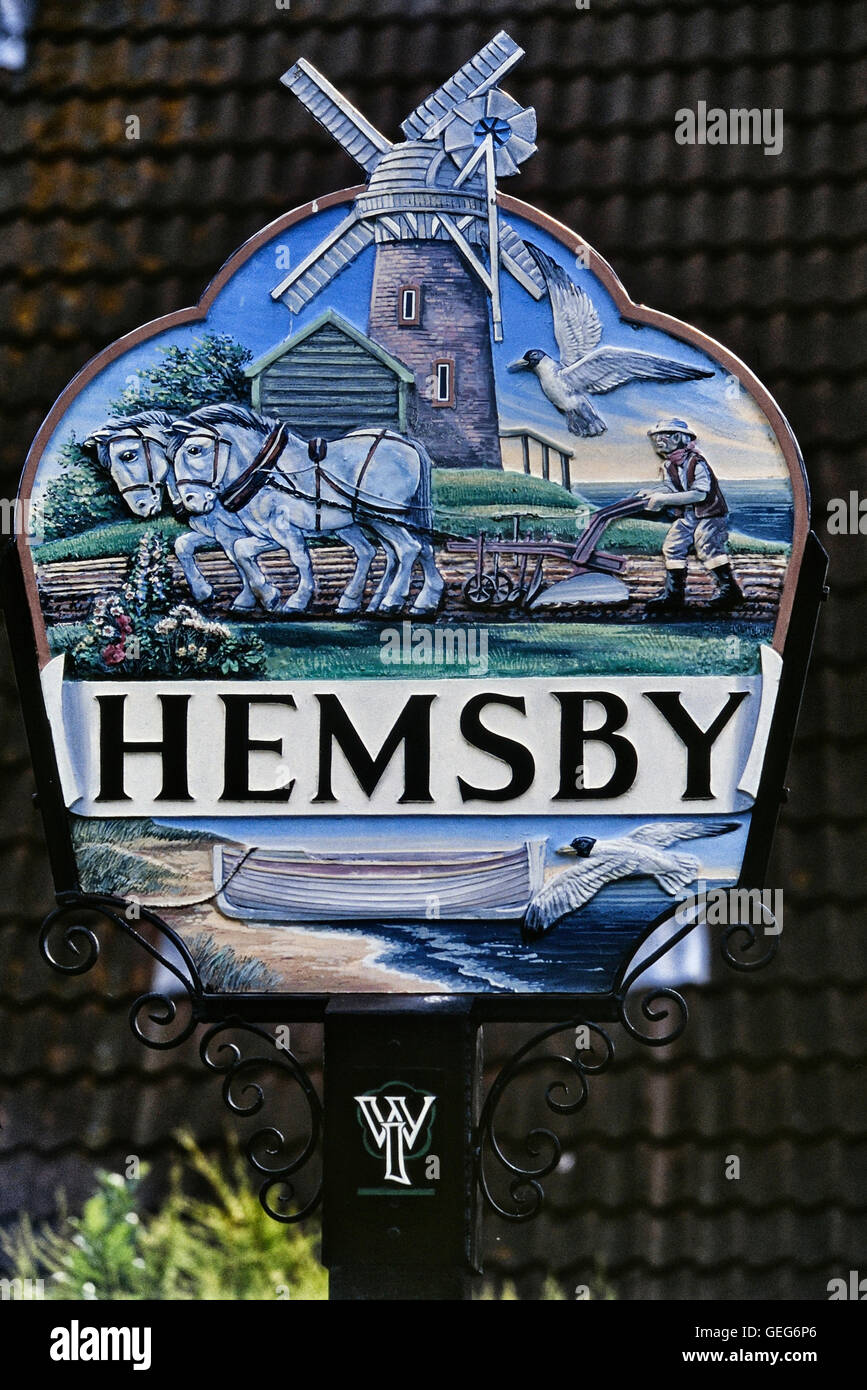 Hembsby Ortsschild. Norfolk. England. UK Stockfoto
