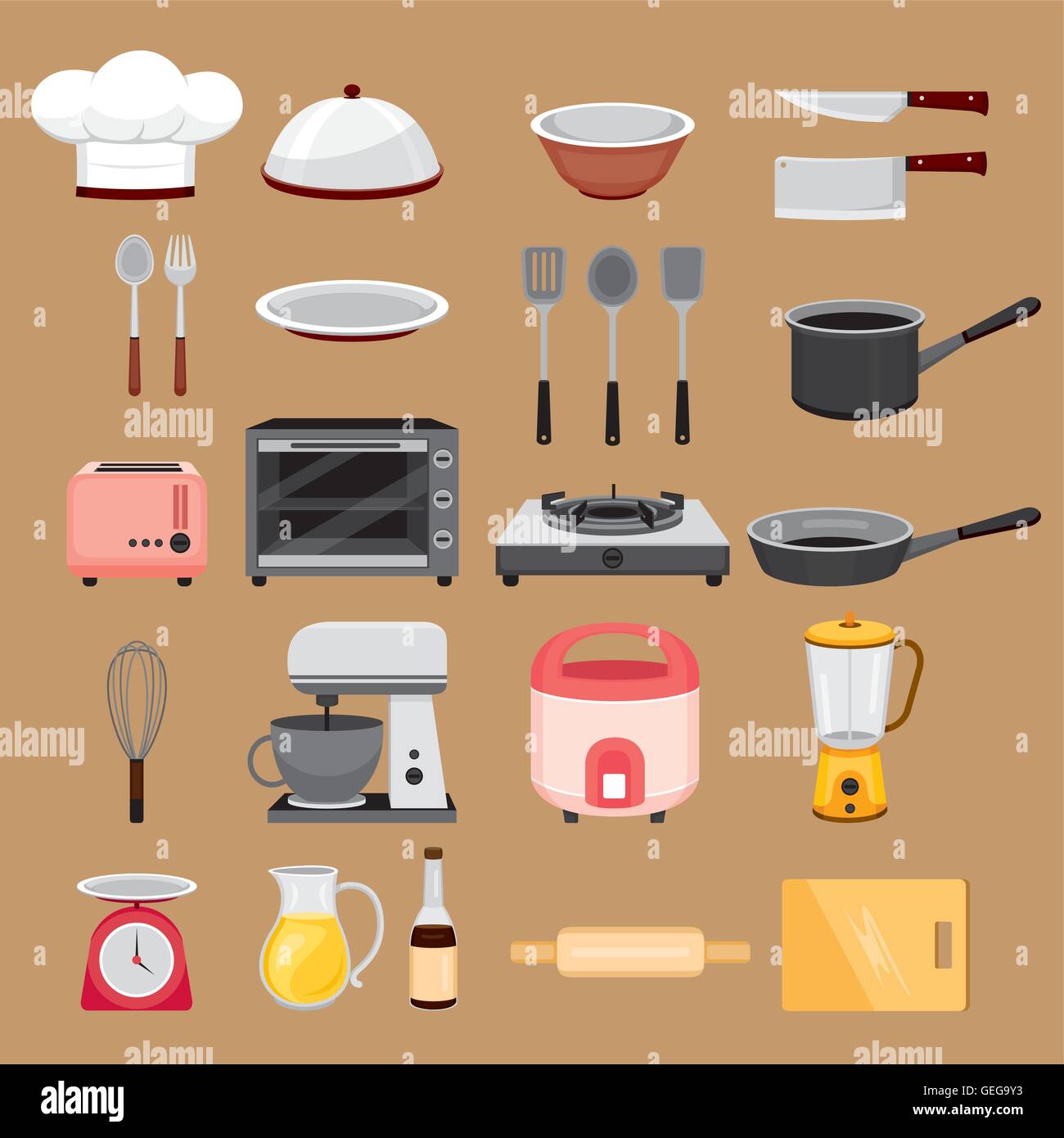 Küche Ausstattung Icons Set, Gerät, Geschirr, Kochen, Küche, Lebensmittel, Bäckerei Stock Vektor