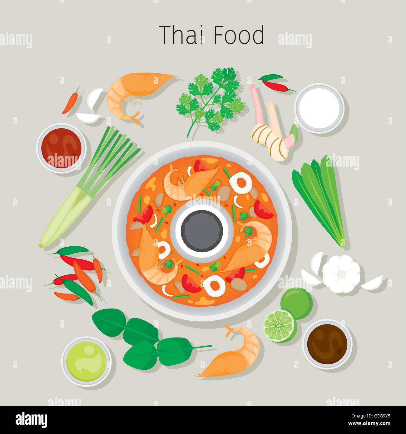 Tom Yum Kung und Zutaten, Kochen, Essen, Speisen, Gewürze Stock Vektor