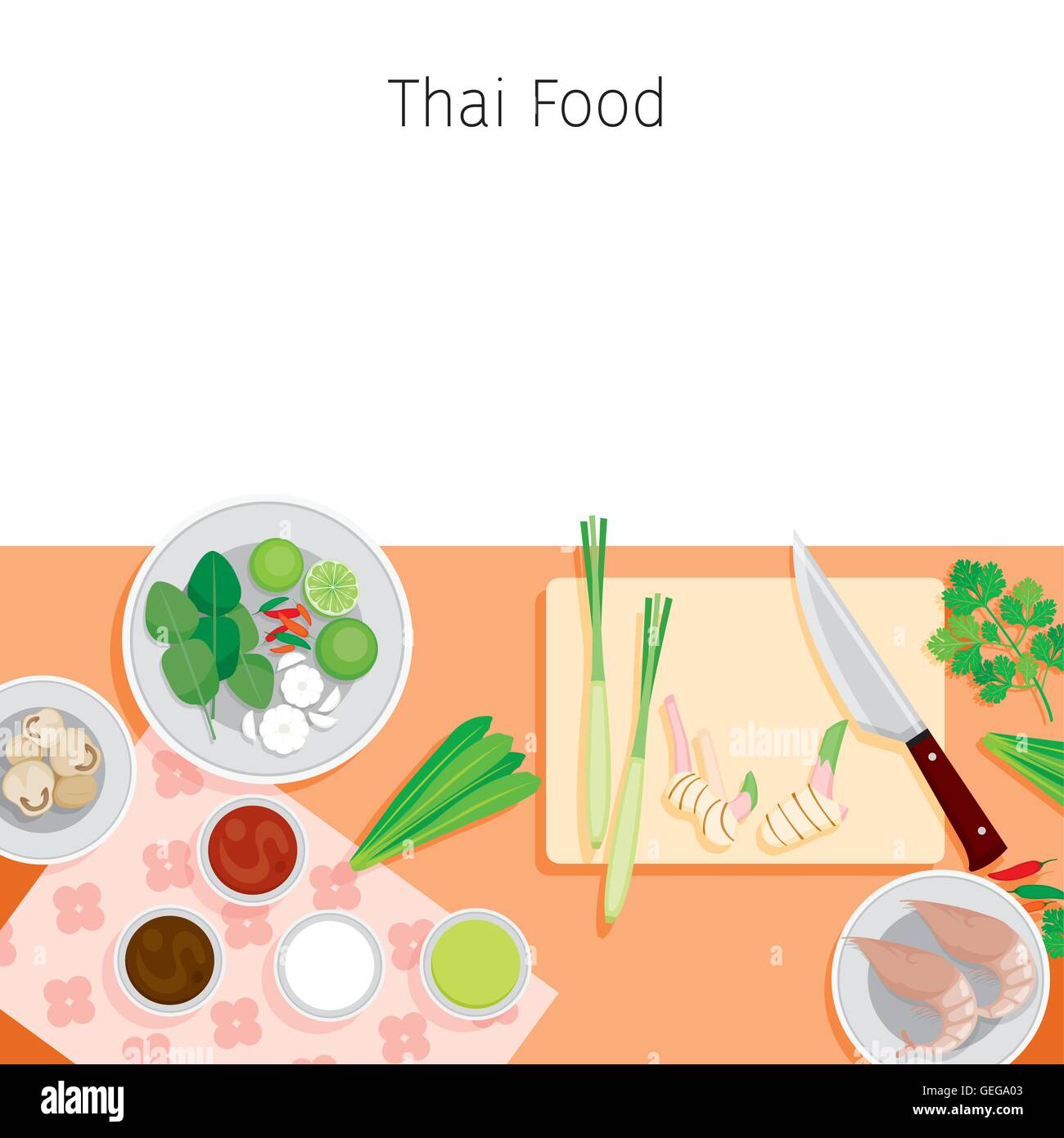 Zutaten von Thai-Suppe, Tom Yum Kung, Kochen, Essen, Speisen, Gewürze Stock Vektor