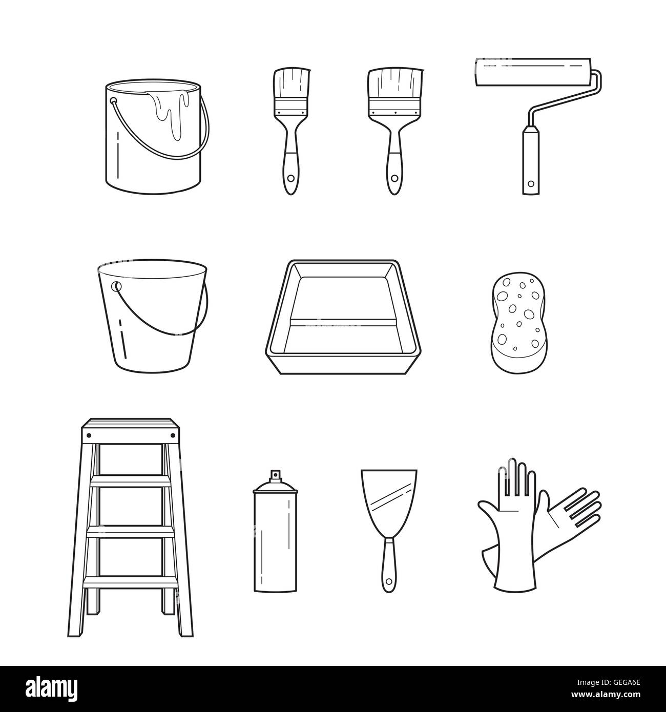 Maler Werkzeuge Objekte Umriss Icons Set, Ausrüstung, Beruf, Beruf, Arbeitskraft, Job, Pflicht Stock Vektor
