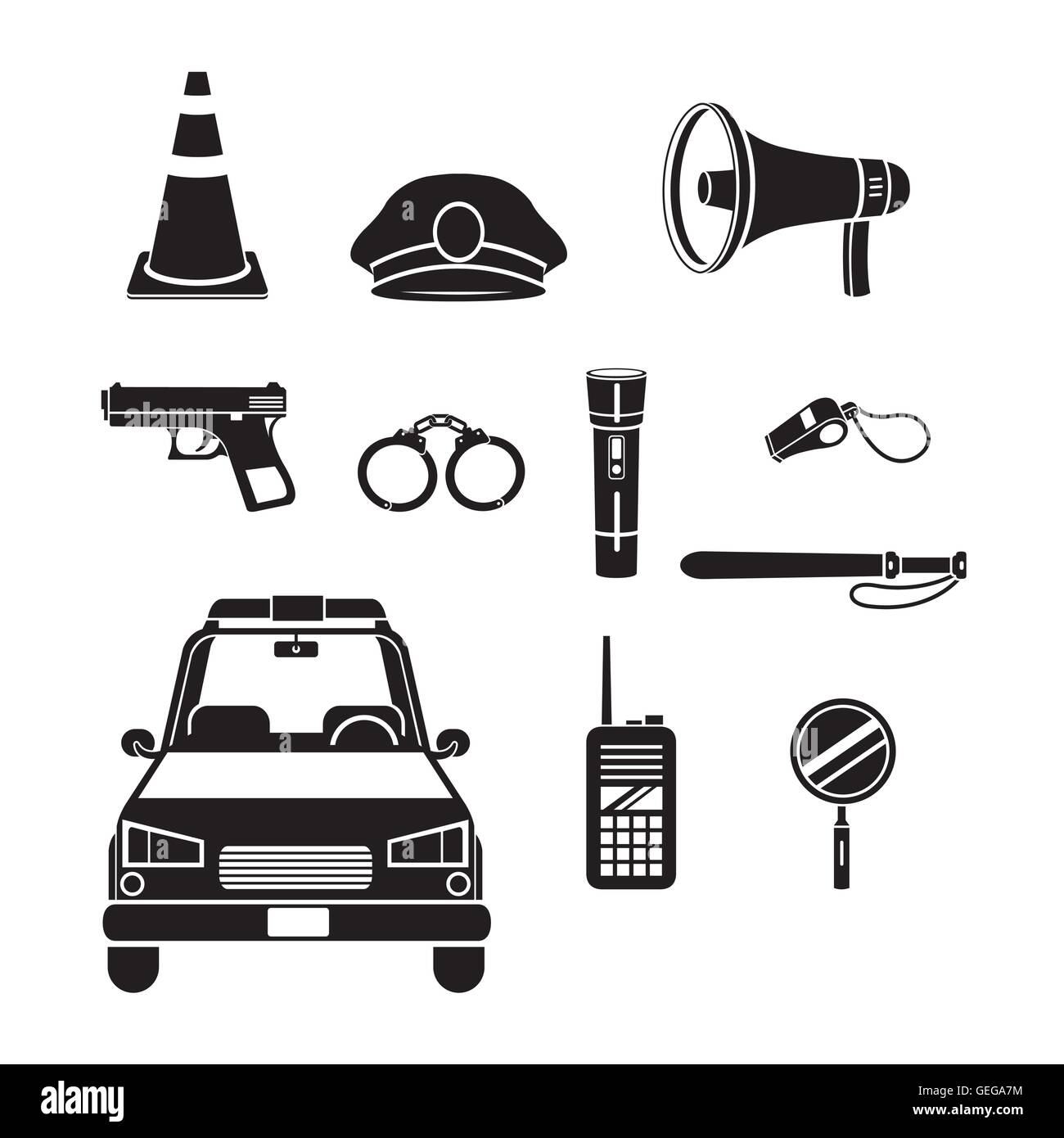 Polizei-Icons Set, Monochrom, Beruf, Berufe, Patrol, Arbeiter, Sicherheit, Pflicht Stock Vektor