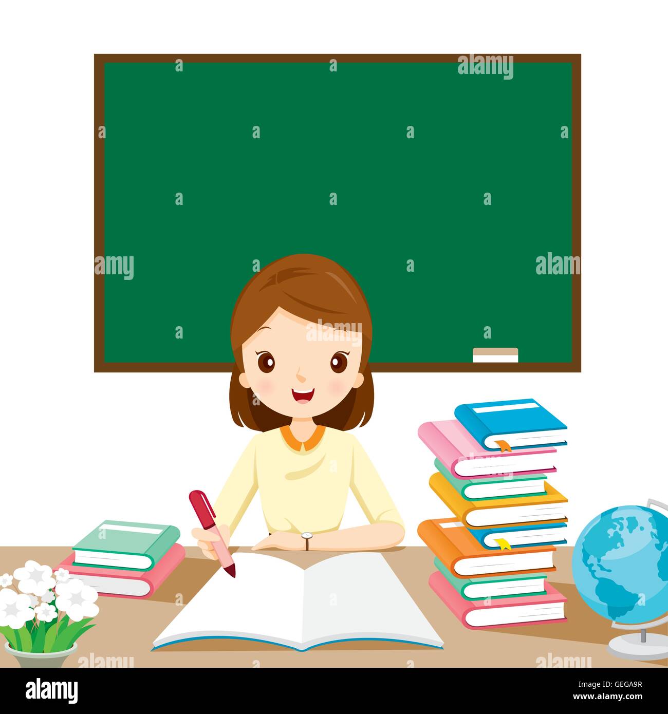 Frau Lehrer überprüft Hausaufgaben auf Tisch, Beruf, Beruf, zurück zur Schule, Buch, Kinder, Schule-Versorgungsmaterialien Stock Vektor