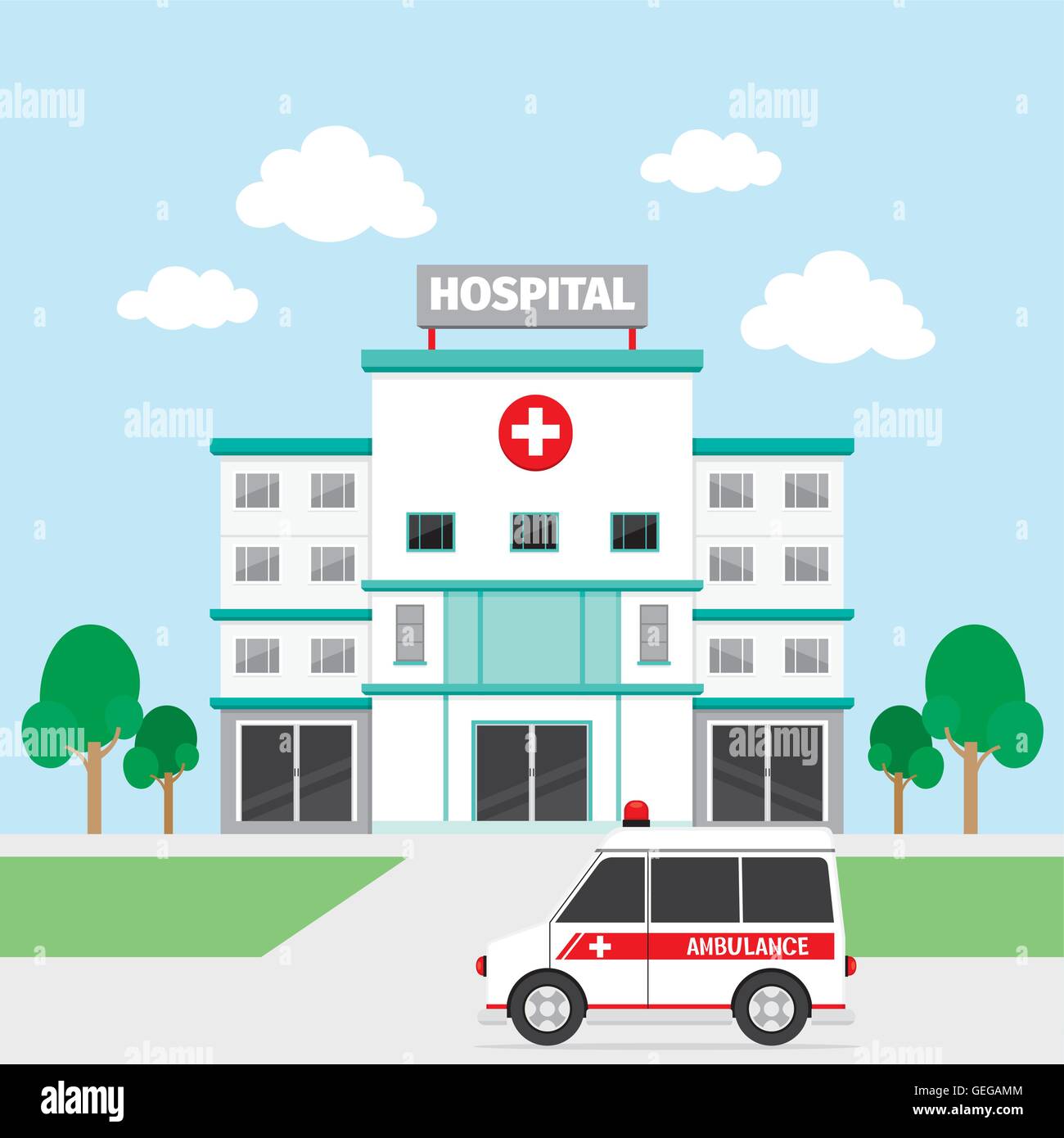 Gebäude des Krankenhauses und Krankenwagen, Architektur, außen, Medical, Fahrzeug, gesund, Notfall Stock Vektor