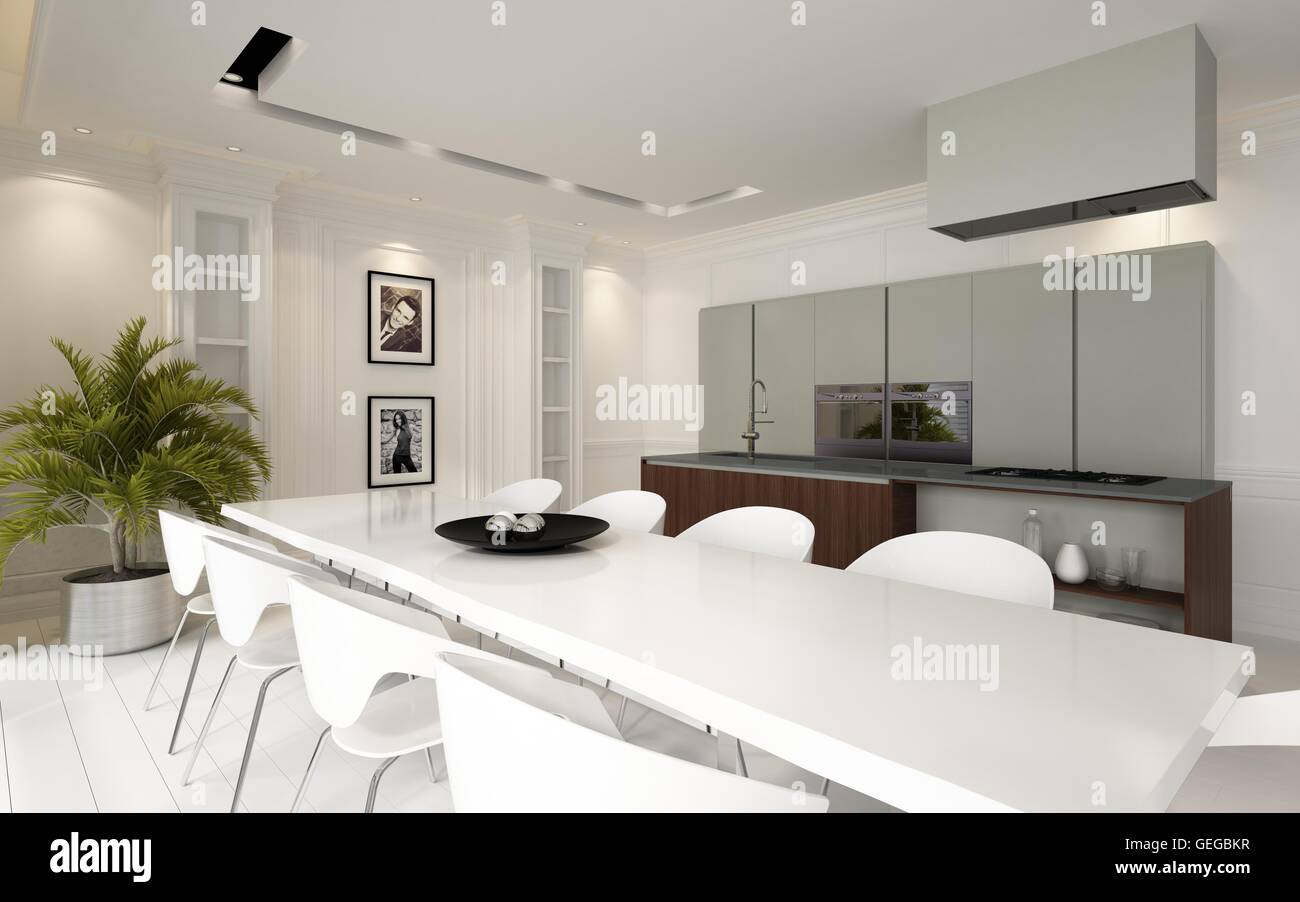 Moderne Luxus Offene Esszimmer Kuche Wohnbereich Mit Montierten Einheiten Und Geraten Und Eine Stilvolle Weisse Tisch Und Stuhle Il Stockfotografie Alamy