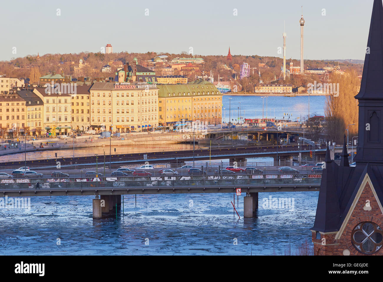 Winter Blick auf Centralbron (Zentrale Brücke) und Gamla Stan Stockholm Schweden Skandinavien Stockfoto