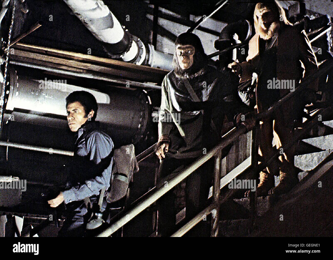 MacDonald (Austin Stoker), Caesar (Roddy McDowall) Philosophen Vergil (Paul Williams) *** lokalen Caption *** 1973, Schlacht um den Planet der Affen, Die Schlacht Um Den Planet Der Affen Stockfoto